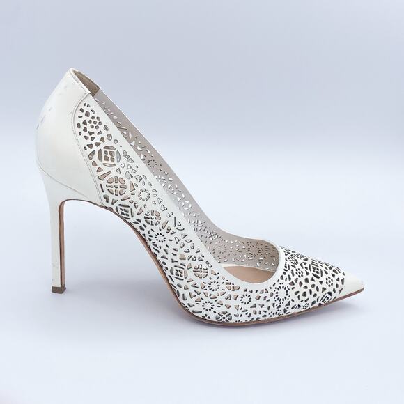 Manolo Blahnik BB White Laser-Cut Leather Pointed Toe Pump Heels - Picture 3 of 11